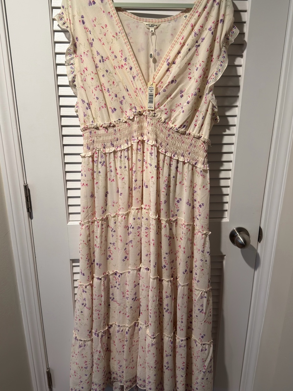 Max Studio Cream Midi Dress with Pink & Purple Floral Scatter